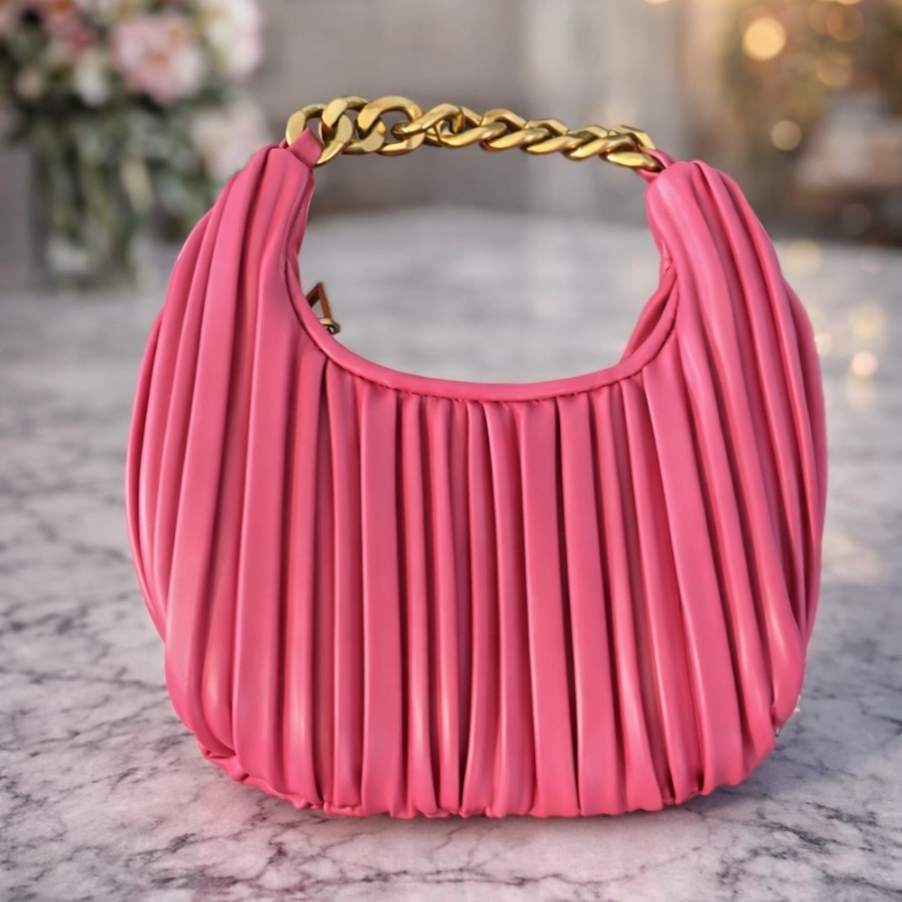 Madison West Pink Pleated Shoulder Bag with Gold Chain Handle